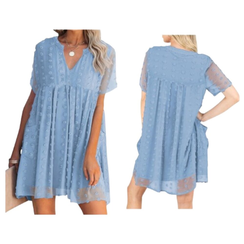 Miholl Blue Loose Flowy Short Dress Textured Dots V-Neck Pockets Short Sleeves